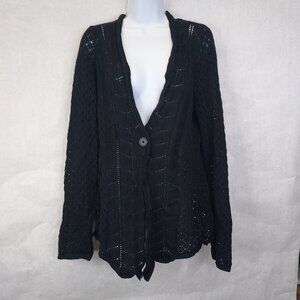 Croft & Barrow Open Knit Cardigan Womens L Sweater Black 1 Button Cotton Crochet